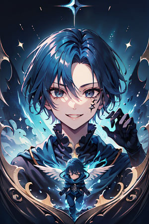 Man, dark blue hair, blue magician tunica, wide pants, friendly face, comedian, black gloves, happy smile, masterpiece, detailed, high quality, absurd, killer, prediction magician, very short hair, masterpiece, excellent quality , excellent quality, perfect face.



