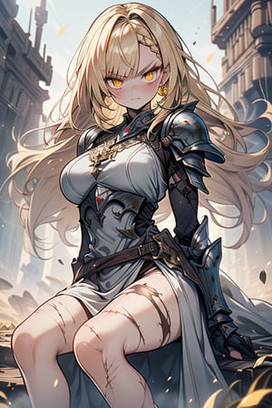 blonde, golden eyes, angry look, long hair, desert knight, hates magic, candys a long elegant white tunic, armor on her hands, legs and arms, gray and white dress, appearance of a warrior, strong woman, scars all over the body, golden eyes, perfect face, very good quality, masterpiece, excellent quality.,yellow eyes,blonde hair