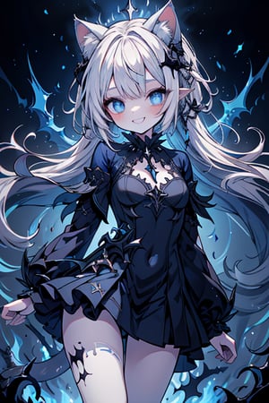 white hair, deep blue eyes, aura of dark power, the primordial of the underworld, goddess of flames, sadist, cat ears, cat tail, white dress with blue edges, right hand of lucifer, primordial goddess, masterpiece, very good quality, excellent quality, perfect face, small breasts, evil smile, self-centered, eyes with blue flames, horns, long sleeve, miniskirt, gothic, long hair, emanates the power of destruction, loli, small woman

