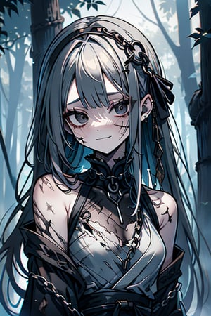 white hair, black eyes, dirty and poor black kimono, sad face, lost, sad smile, slave, chains, bangs, in the forest at night, high quality, absurd, the human who longed for freedom, long hair, masterpiece, excellent quality, excellent quality, perfect face,teenager, small breasts, 16 year old appearance,scars, depressed, poor, torn clothes.


