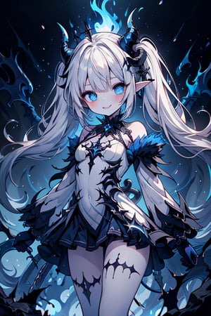 white hair, deep blue eyes, aura of dark power, the primordial of the underworld, goddess of flames, sadistic, pointed ears, white dress with blue edges, right hand of lucifer, primal goddess, masterpiece, very good quality, excellent quality , perfect face, small breasts, evil smile, egocentric, eyes with blue flames, horns, long sleeve, miniskirt, gothic, two pigtails, emanates the power of destruction, loli, small woman

