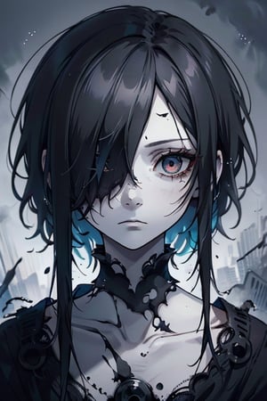 a young woman with long, straight black hair, messy and worn hair, very pale skin, one eye black and the other white, an enigmatic, melancholic, anxious, introspective expression, her clothing is minimalist, lonely, broken, enigmatic expression, perfect face, masterpiece, monster, very good quality.


,Touka