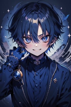 Man, dark blue hair, blue magician tunica, wide pants, friendly face, comedian, black gloves, happy smile, masterpiece, detailed, high quality, absurd, killer, prediction magician, very short hair, masterpiece, excellent quality , excellent quality, perfect face.



