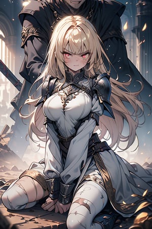 blonde, golden eyes, angry look, long hair, desert knight, hates magic, candys a long elegant white tunic, armor on her hands, legs and arms, gray and white dress, appearance of a warrior, strong woman, scars all over the body, golden eyes, perfect face, very good quality, masterpiece, excellent quality.
