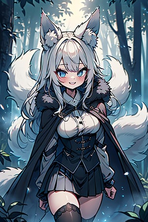 white hair, blue eyes, coat with blue vintage style cape, friendly face, skirt, killer, happy smile, blows, in the forest at night, masterpiece, detailed, high quality, absurd, long hair, black stockings, masterpiece, excellent quality, perfect face, medium breasts, kitsune ears, kitsune tail.

