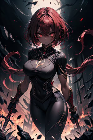 The queen of the abyss, formidable warrior, dark red hair, short hair, black combat lycra close to the body, white eyes, the fastest woman in the world, tall, powerful, red spear, masterpiece, good quality, Excellent quality, good resolution. Penetrating, expressive eyes and an athletic, powerful figure that reflects her combat prowess,  pure darkness, alone, she is the darkness, the night, no light is seen, dark room,skin gray as ash,dark skin.