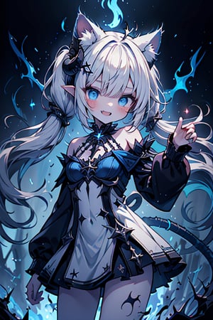 white hair, deep blue eyes, aura of dark power, the primordial of the underworld, goddess of flames, sadist, cat ears, cat tail, white dress with blue edges, right hand of lucifer, primordial goddess, masterpiece, very good quality, excellent quality, perfect face, small breasts, evil smile, egocentric, eyes with blue flames, horns, long sleeve, miniskirt, gothic, two pigtails, emanates the power of destruction, loli, small woman

