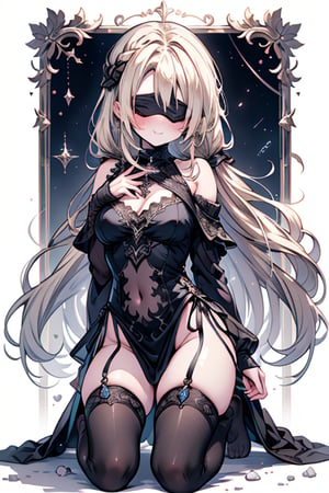 masterpiece, detailed, high quality, absurd, blindfirekeeper, 1girl, alone, blush, medium breasts, curvy, transparent white babydoll, guardian of the future, friendly smile, blonde hair, long hair, astrology room, kneeling, black blindfold cover your eyes,



,blindfirekeeper