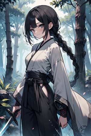 kind woman, black hair, medium hair, hair in braid down to her back, a single braid, dirty clothes, warrior, beast tamer, the killer of gods, black eyes, old clothes, alone, forest, kind smile, innocent, breasts small, tall woman, amazon, samurai, gray kimono jacket ideal for combat, wide pants, happy, friendly, good person, katanas sheathed at her waist, masterpiece, good quality, swords well positioned at her waist, good hands.



