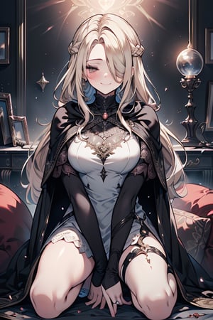 masterpiece, detailed, high quality, absurd, blindfirekeeper, 1girl, alone, blush, medium breasts, curvy, transparent white dress, black cape, black robe like a clairvoyant, guardian of the future, friendly smile, blonde, long hair, living room astrology, kneeling, black tape covers his eyes.


,blindfirekeeper