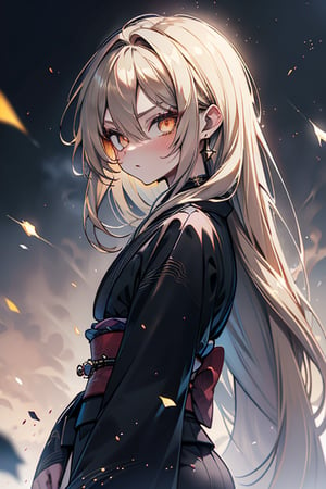 Blonde, long hair, golden eyes, asshole, man, strong, friendly, antisocial, long black kimono, silly, warrior, perfect face, good quality, excellent quality, masterpiece,
