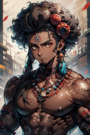 giant, muscular, ugly face, curly hair, black skin, Indian, tribal clothing, Mayan clothing, bone necklace.,dark skin,tan, man, masculine.
