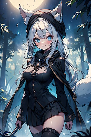 white blue hair, blue eyes, vintage style cape, friendly face, skirt, headscarf, killer, happy smile, blows, in the forest at night, masterpiece, detailed, high quality, absurd, the most human force of all , bearer of the hope of the world, long hair, black stockings, masterpiece, excellent quality, perfect face, medium breasts, kitsune ears, kitsune tail, French hat.

