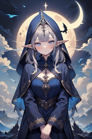 gray hair with blue tones, black witch clothes, moon earrings, gray eyes, dark circles, sleepy, dream witch, pointy ears, elf,  medium hair., veil.