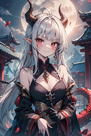 light red eyes, pointed horns, small breasts, beautiful, the woman who reflects the sun, the emperor's right hand, tail close to the body, the master of manipulation, Chinese temple, pointed ears, serious face, calm smile, red tail with light blue parts, dragon horns, gold jewelry, silver ring, diamond chain, white locks, white bangs, red hair and white locks, two-color hair, black qipa with gold trim, elegant.

