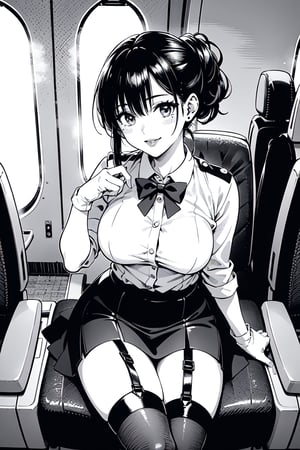 grayscale, manga, monochrome, lineart,  anna, a pretty woman, 1girl, 26yo, stunning, double eyelids, detailed eyes, glossy plump lips, lipstick, makeup, look at camera, best quality, 8k, 32k, masterpiece, uhd, smile, slim, thin, perfect body, flight_attendant, ((sexy)), flight attendance uniform,  garrison cap, black hair in chignon, in the airplane cabin, blazer, white collar shirt, skirt, thighhighs, thigh straps,  white gloves, 