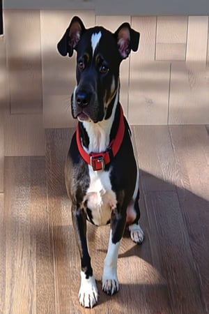 A photo of an American bulldogg with a red collar and standing on a wooden floor. The dog has a short coat and a muscular build. It is white with black spots The background is blurred and contains a white wall and a dark object. The lighting is soft.