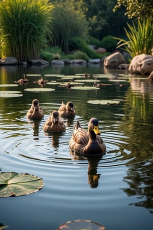 A serene pond with a family of ducks swimming gracefully, the water reflecting the soft morning light. The ducks are in a V-formation, with the mother duck leading the way, her feathers glistening in the sunlight. The pond is surrounded by lush greenery, with tall reeds and lily pads adding to the tranquil atmosphere. The scene is framed with a wide-angle shot, capturing the peaceful environment and the gentle ripples on the water's surface.