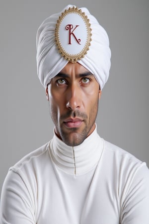 a full-length image of a man of Hindu race without beard, or mustache, totally hairless, green eyes, dark complexion and is attractive, dressed entirely in white, his clothing is close to the body and he wears a white turban on his head and in the middle of the turban he wears a white jewel, with gold around the jewel and with the letter "K" in red color the letter "K" in the center of the jewel.