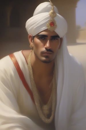 score_9, score_8_up, score_7_up, realistic lighting, photo, photorealistic, outdoor, a full-length image of a man of Hindu race without beard, or mustache, totally hairless, green eyes, dark complexion and is attractive, dressed entirely in white, his clothing is close to the body and he wears a white turban on his head and in the middle of the turban he wears a white jewel, with gold around the jewel and with the letter "K" in red color the letter "K" in the center of the jewel.
