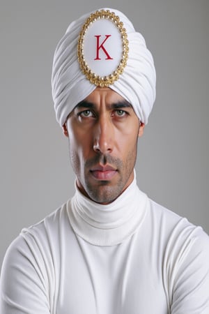 a full-length image of a man of Hindu race without beard, or mustache, totally hairless, green eyes, dark complexion and is attractive, dressed entirely in white, his clothing is close to the body and he wears a white turban on his head and in the middle of the turban he wears a white jewel, with gold around the jewel and with the letter "K" in red color the letter "K" in the center of the jewel.