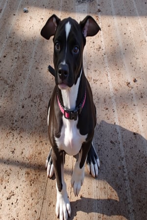 A photo of an American bulldogg with a red collar and standing on a wooden floor. The dog has a short coat and a muscular build. It is white with black spots The background is blurred and contains a white wall and a dark object. The lighting is soft.