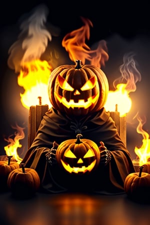 a halloween skeleton creepy cat with big black cloak is holding a big Jack o 'Lantern shaped like  apple's logo,the pumpkin is on fire, background is dark with fire ,pumpkin is big