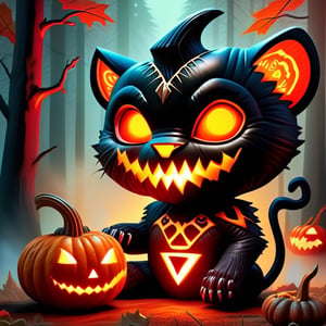 A comic book scene of a black panther cub with a pumpkin for a head, eyes and mouth glowing and smoking with red and yellow light, sitting in a foggy forest. The pumpkin cub has a glowing jack-o-lantern face carved into the pumpkin, with triangular eyes and a toothy carved grin emitting red and orange light and smoke. 