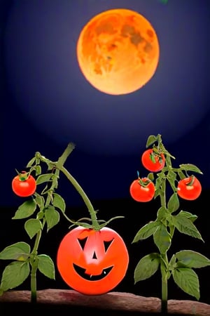 A tomato bug monster wit jack o lantern in moonlight,big moon,full of tomato’s