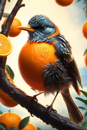 Highly detailed, 4K, Masterpiece, a little bird made of a fresh orange that has been cut open, photo-realistic techniques --ar 2:3 --stylize 400,LegendDarkFantasy