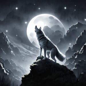 A majestic wolf standing on the edge of a mountain cliff, howling towards a large, glowing full moon high in the night sky. The wolf's silhouette is highlighted by the moonlight, while the sky is filled with sparkling stars, adding a magical touch. The scene takes place in a remote, rugged landscape, with sharp rocky peaks and a deep valley below. The atmosphere feels wild, powerful, and serene, evoking the freedom and primal spirit of nature, 16 k, beautiful, detail