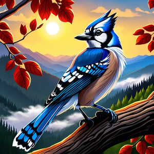 High Detailed, High Quality, Beautiful, a blue jay bird on a tree branch watching the sky with beautiful landscape,LegendDarkFantasy