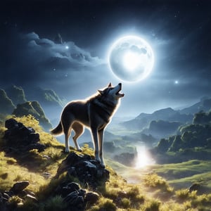 A majestic wolf standing on the edge of a mountain cliff, howling towards a large, glowing full moon high in the night sky. The wolf's silhouette is highlighted by the moonlight, while the sky is filled with sparkling stars, adding a magical touch. The scene takes place in a remote, rugged landscape, with sharp rocky peaks and a deep valley below. The atmosphere feels wild, powerful, and serene, evoking the freedom and primal spirit of nature, 16 k, beautiful, detail