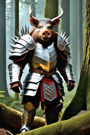 Masterpiece, Ultrarealistic, ethereal image of a boar man, harmoniously and realistically blending human and boar characteristics. He is wearing an imposing full suit of armor, with sharp spikes adorning his shoulders, giving him an intimidating and majestic appearance. The scene is set in a dense forest, filled with ancient and robust trees, under a cloudy sky that casts a soft and diffuse light. (AR 2:3)