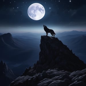 A majestic wolf standing on the edge of a mountain cliff, howling towards a large, glowing full moon high in the night sky. The wolf's silhouette is highlighted by the moonlight, while the sky is filled with sparkling stars, adding a magical touch. The scene takes place in a remote, rugged landscape, with sharp rocky peaks and a deep valley below. The atmosphere feels wild, powerful, and serene, evoking the freedom and primal spirit of nature, 16 k, beautiful, more detail XL