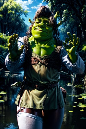 Highly detailed, High Quality, MasterPiece, beautiful, (medium long shot), 1person, solo, shrek, PachaMeme, (eyes closed, green skin, green hands, brown coat, white tunic, brown belt, brown pants, swamp, swamp trees, detailed background, blue sky, day)