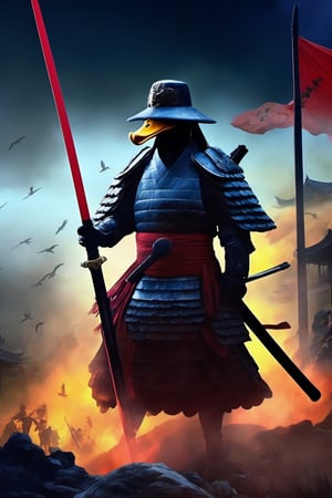 Masterpiece, Ultrarealistic, ethereal image, A hyper-realistic depiction of a duck samurai standing valiantly on a battlefield. The scene is set at dusk, casting dramatic shadows. The duck samurai holds a gleaming katana, ready for battle. The background features a chaotic yet visually stunning battlefield with other warriors engaged in combat, flags fluttering, and the smoke of distant fires adding to the intensity of the moment. (AR 2:3),LegendDarkFantasy