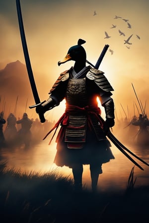 Masterpiece, Ultrarealistic, ethereal image, A hyper-realistic depiction of a duck samurai standing valiantly on a battlefield. The scene is set at dusk, casting dramatic shadows. The duck samurai holds a gleaming katana, ready for battle. The background features a chaotic yet visually stunning battlefield with other warriors engaged in combat, flags fluttering, and the smoke of distant fires adding to the intensity of the moment. (AR 2:3),LegendDarkFantasy