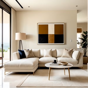 Photograph, contemporary living room, soft light of morning, integration of beige flooring and matte stone features, unified color scheme of soothing white tones, creating a white and inviting atmosphere, 35mm f/1.4G lens, set f/4, sophisticated furniture, including a white-colored sofa set and a minimalist side table, natural lights