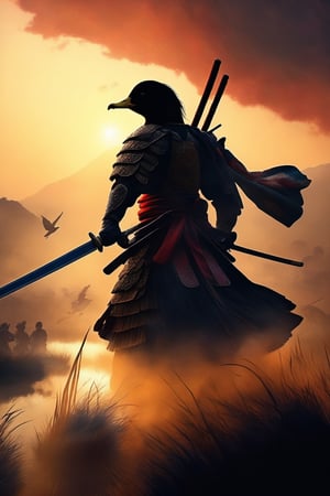 Masterpiece, Ultrarealistic, ethereal image, A hyper-realistic depiction of a duck samurai standing valiantly on a battlefield. The scene is set at dusk, casting dramatic shadows. The duck samurai, adorned in intricately detailed armor, holds a gleaming katana, ready for battle. The background features a chaotic yet visually stunning battlefield with other warriors engaged in combat, flags fluttering, and the smoke of distant fires adding to the intensity of the moment. (AR 2:3),LegendDarkFantasy