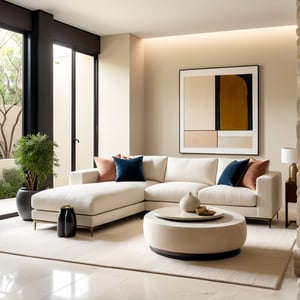 Photograph, contemporary living room, soft light of morning, integration of beige flooring and matte stone features, unified color scheme of soothing white tones, creating a white and inviting atmosphere, 35mm f/1.4G lens, set f/4, sophisticated furniture, including a white-colored sofa set and a minimalist side table, natural lights