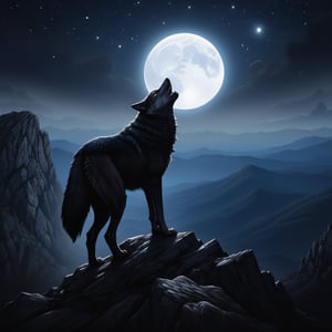 A majestic wolf standing on the edge of a mountain cliff, howling towards a large, glowing full moon high in the night sky. The wolf's silhouette is highlighted by the moonlight, while the sky is filled with sparkling stars, adding a magical touch. The scene takes place in a remote, rugged landscape, with sharp rocky peaks and a deep valley below. The atmosphere feels wild, powerful, and serene, evoking the freedom and primal spirit of nature, 16 k, beautiful, more detail XL