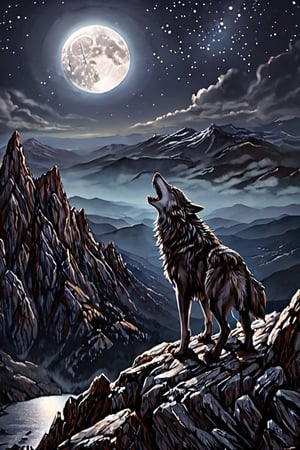 A majestic wolf standing on the edge of a mountain cliff, howling towards a large, glowing full moon high in the night sky. The wolf's silhouette is highlighted by the moonlight, while the sky is filled with sparkling stars, adding a magical touch. The scene takes place in a remote, rugged landscape, with sharp rocky peaks and a deep valley below. The atmosphere feels wild, powerful, and serene, evoking the freedom and primal spirit of nature, 16 k, beautiful, more detail XL