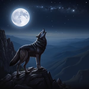 A majestic wolf standing on the edge of a mountain cliff, howling towards a large, glowing full moon high in the night sky. The wolf's silhouette is highlighted by the moonlight, while the sky is filled with sparkling stars, adding a magical touch. The scene takes place in a remote, rugged landscape, with sharp rocky peaks and a deep valley below. The atmosphere feels wild, powerful, and serene, evoking the freedom and primal spirit of nature, 16 k, beautiful, more detail XL