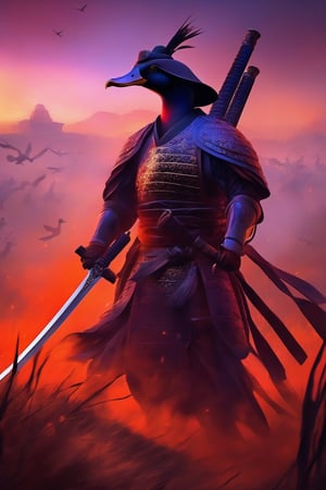 Masterpiece, Ultrarealistic, ethereal image, A hyper-realistic depiction of a duck samurai standing valiantly on a battlefield. The scene is set at dusk, with the sky ablaze in shades of orange and purple, casting dramatic shadows. The duck samurai, adorned in intricately detailed armor, holds a gleaming katana, ready for battle. The background features a chaotic yet visually stunning battlefield with other warriors engaged in combat, flags fluttering, and the smoke of distant fires adding to the intensity of the moment. (AR 2:3),LegendDarkFantasy