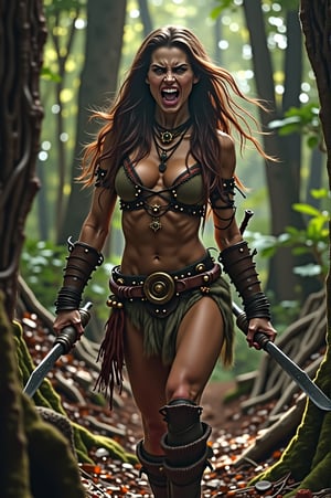 angry savage barbarian woman with sexy body ready to attack in the forest, realistic, 16k, masterpiece, beautiful, beautiful woman, best quality