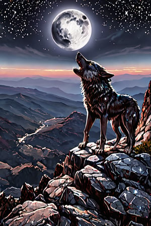 A majestic wolf standing on the edge of a mountain cliff, howling towards a large, glowing full moon high in the night sky. The wolf's silhouette is highlighted by the moonlight, while the sky is filled with sparkling stars, adding a magical touch. The scene takes place in a remote, rugged landscape, with sharp rocky peaks and a deep valley below. The atmosphere feels wild, powerful, and serene, evoking the freedom and primal spirit of nature, 16 k, beautiful, more detail XL