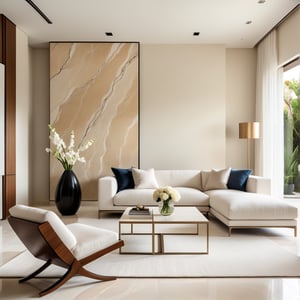 Photograph, contemporary living room, soft light of morning, integration of beige flooring and matte stone features, unified color scheme of soothing white tones, creating a white and inviting atmosphere, 35mm f/1.4G lens, set f/4, sophisticated furniture, including a white-colored sofa set and a minimalist side table, natural lights