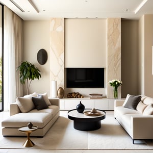 Photograph, contemporary living room, soft light of morning, integration of beige flooring and matte stone features, unified color scheme of soothing white tones, creating a white and inviting atmosphere, 35mm f/1.4G lens, set f/4, sophisticated furniture, including a white-colored sofa set and a minimalist side table, natural lights,more detail XL