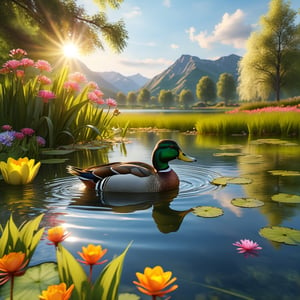 Create a high-quality and ultra-realistic image of a duck swimming in a pond with a beautiful landscape. The duck should be detailed with shiny and realistic feathers, reflecting sunlight on its plumage. The pond should have clear and crystalline water with gentle ripples indicating the duck's movement. Around the pond, there should be a serene and natural landscape with lush trees of different types and sizes, some vibrant colored flowers, and green grass. In the background, there should be gentle hills and a blue sky with some fluffy white clouds. The lighting should be soft and warm, like the sunlight on a spring morning. The reflections in the water should be sharp, showing both the duck and part of the surrounding landscape. Additional details may include some insects like dragonflies flying near the water and small fish visible beneath the pond's surface.,more detail XL
